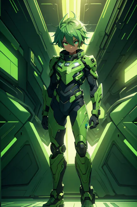 (a boy,green hair,green mech suit,neon,space background),(best quality,4k,8k,highres,masterpiece:1.2),ultra-detailed,illustration,sci-fi,electric blue lighting, vibrant colors, glowing eyes, futuristic, high-tech, agile pose, energy beams, action, starry s...