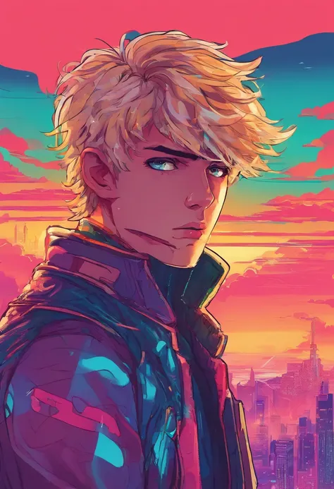 Boy, teenage, medium hair, blond hair, he looks at the horizon, the sunset in the background, his eyes are blue