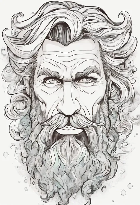 Retrato de um Poseidon com barba e longos cabelos e rosto tatuado em um fundo branco liso, preto e branco alta qualidade, 8k