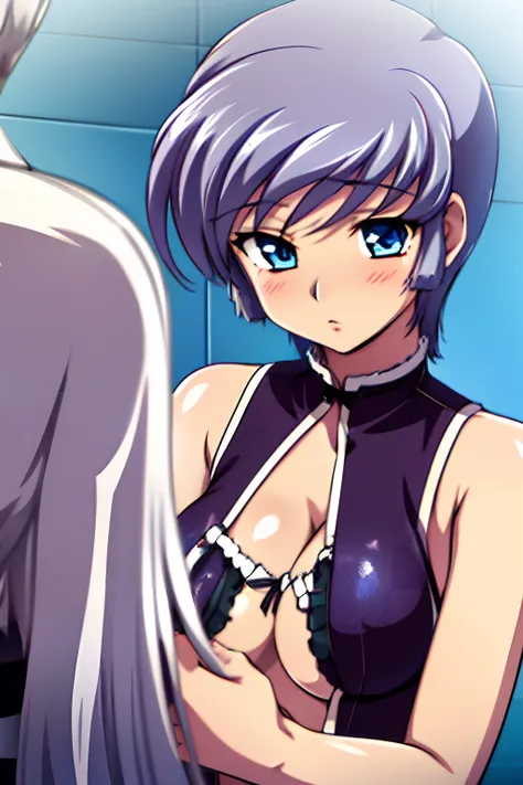 1girl in, irina_enomoto, Sea, purple underwear, short hair, silver hair, Bangs, blue eyes, Solo, Solo Focus, female focus, Face Focus, Upper body,