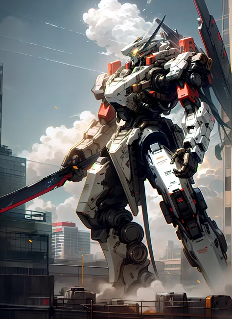 sky, cloud, holding_weapon, no_humans, glowing, , robot, building, glowing_eyes, mecha, science_fiction, city, realistic,mecha