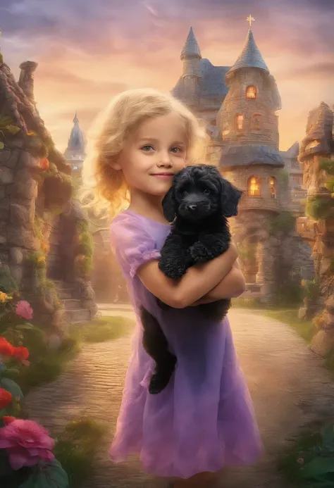 blond girl, 5 years old, playing with her black puppy, a poodle, small buildings in the background, (best quality,4k,8k,highres,masterpiece:1.2),ultra-detailed,realistic:1.37,illustration,playful atmosphere,colorful composition,vivid colors,natural lightin...