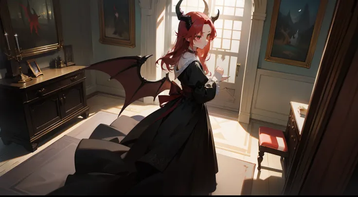 one-girl，black-clad，Red-haired demon，There is a pair of dragon wings on the back，There is a pair of dragon horns on the head，There is a dresser next to it，There are a lot of jewelry pieces on it，vanity table，There are a lot of jewelry pieces on it，vanity t...