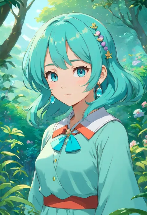 a girl wearing an anime collar, a long necklace and earrings, in the style of tranquil gardenscapes, colorful animation stills, masami teraoka, aquamarine, paul gauguin, Embry style, HATSUNE Miku