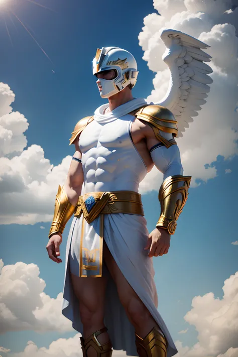 create a greek god theme white power ranger ,wearing helmet, ancient dress ,full body , sky background ,olympians