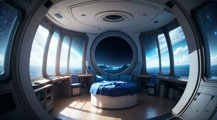 interior of a blue spaceship, realistic, 9:16 aspect ratio, 8k, view of outer space, round windows, round doors, night