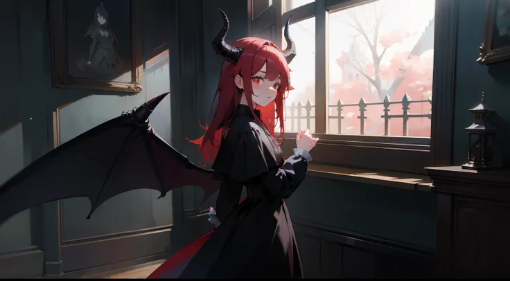 one-girl，black-clad，Red-haired demon，There is a pair of dragon wings on the back，There is a pair of dragon horns on the head，Touch the wall，The walls of the room，Stand in the small attic of the bell tower，Bedrooms，blossoms，the night，It was pitch black，West...