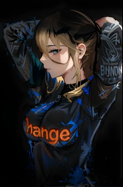 shinobumature with an esport jersey noir et blue, "kc" logo, aesthetic jersey, writing"karmine" au milieu du maillot noir et gri...