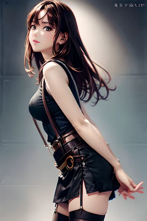 a belt　　Colossal tits　　　suspenders　　garterbelts　　　Black stockings　　Black tank top　a miniskirt　Brown hair　Gray eyes