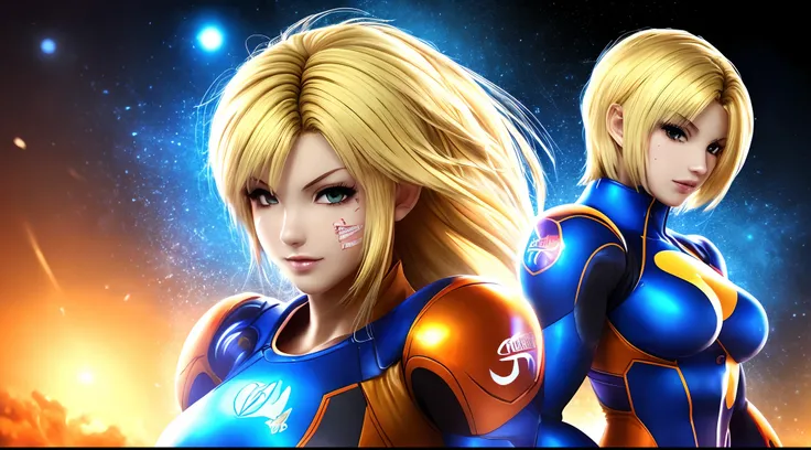 ((tmasterpiece，4k wallpaper，best qualtiy))samus, Be red in the face, In the daytime, simple backgound, blue-sky, short detailed hair, Moody light, blonde hair，light particules，Blue Themes，Busty body，face expressionless，Brilliant，smooth thigh