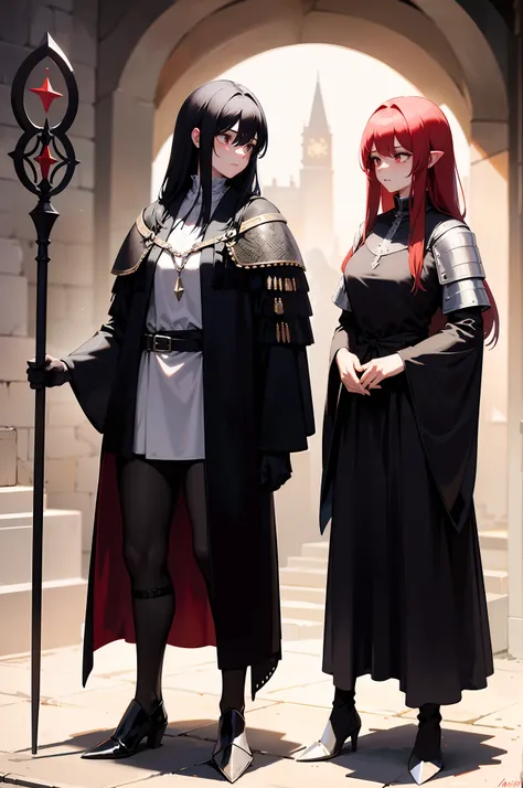 2girls, one is a black haired depressed and sleepy wizard dressed in black, other is a knight with red hair dressed in knight armor, masterpiece, best quality, fantasy dnd, background is a medieval city, 2 of them standing next to each other, knight is on ...