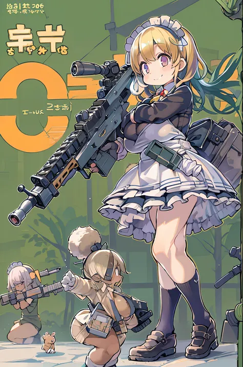 masutepiece, Best Quality, 1girl in, Empty eyes, Utsurome, maid, Smile,a child girl,Lori,(((Huge assault rifle))),rocket launcher、multiple girls