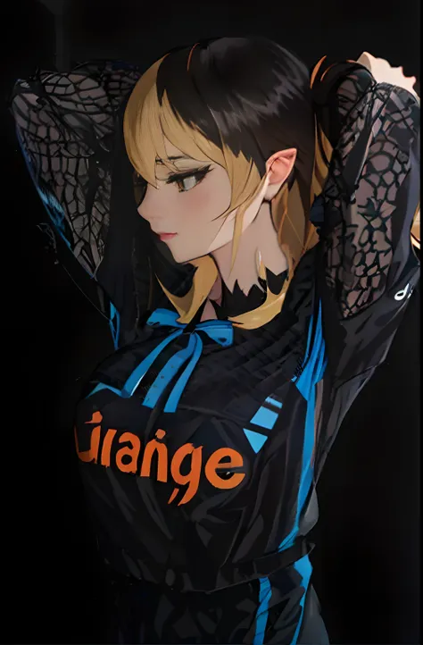 shinobumature with an esport jersey noir et blue, "kc" logo, aesthetic jersey, writing"karmine" au milieu du maillot noir et gri...