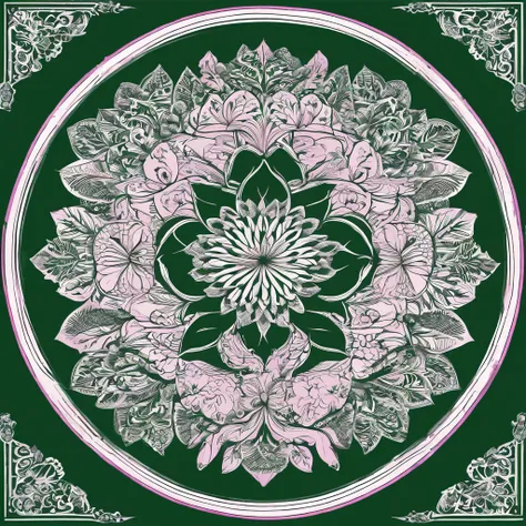 Mandala illustration background white，A circle with a border，chinoiserie pattern，lotus flower，Large lotus in the center，Perimeter fine line decoration，The art of embroidery，Oriental fabric design，ancient china art style，The picture is visually harmonious，P...