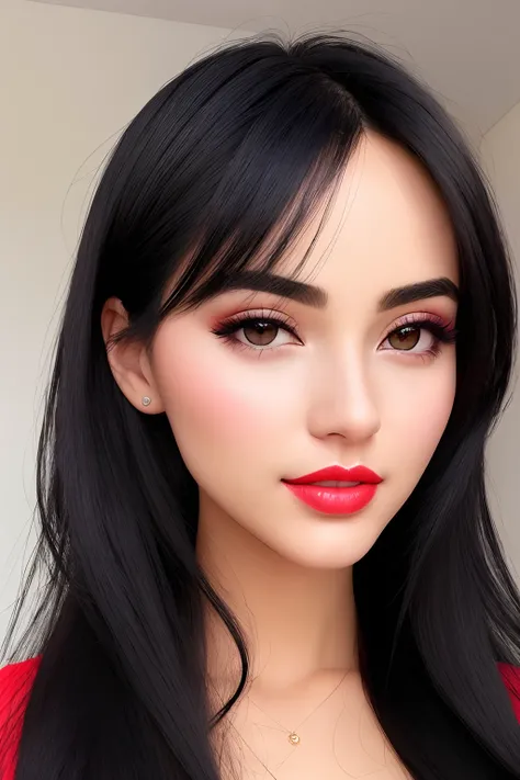 I want to see a woman with the black hair , super hot and beautiful, ultra realistic, blush, bright lips, real life human face