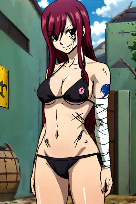 Scarlet erza, (tiny black bikini only), adult woman, big breasts, standing, cowboy shot, best quality, ((right shoulder)), slightly strong arms, looking at viewer, left shoulder tattoo, big smile, perfect body, injured, (bandages)