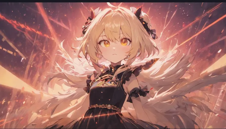 absurderes、hight resolution、(Official Art、Beautifully Aesthetic:1.2)、(Close View:1.15)、 (1girl in、White hair、Hair in the middle、yellow  eyes、radiant eyes、Black Long Dress、Red frills、:1.2)、simple background、（starrysky）、（nigh sky）、（starrysky）anime girl with ...