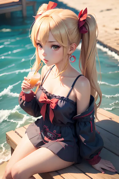 Portrait Rendering, Smooth Anime CG Art, Rin,render of a cute 3d anime girl,summertime,Blonde twintails with red earrings sitting on the beach、,Small crab,Blue cocktail drink