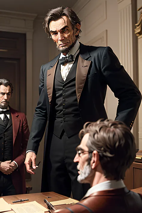 Create an image of the tense moment when Lincoln and a U.S. Senator prepare for a duel, with friends intervening to prevent violence.