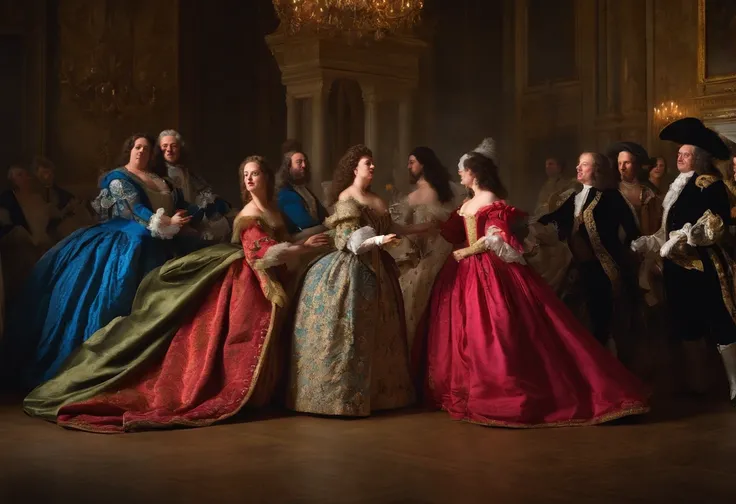 Create images that convey late-night cheerfulness at Vaux-le-Vicomte., With the fat Louis XIV., And guest of honor in the entertainment industry., dancing, And merriment..