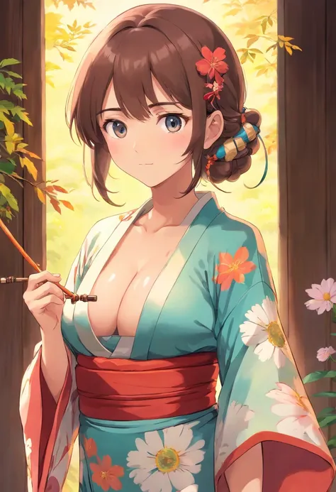 A girl wearing a kimono showing her breasts, medium breasts, full body