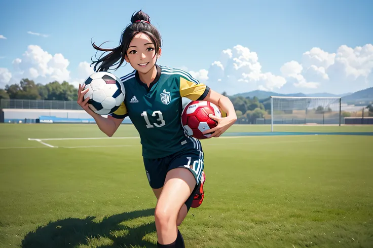 Women Soccer Player, in the field, holding ball, smiles, good quality, 8k, masterpiece