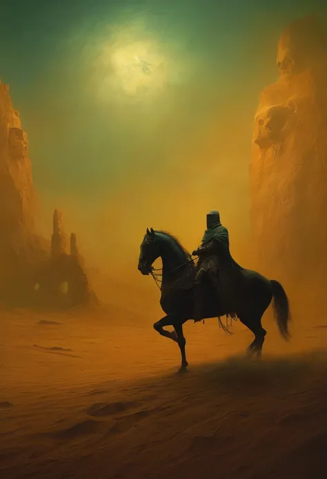 A knight on a horse, skull head, desert, cult, evil, ancient, by zdzislaw beksinski, van gogh, album cover art, surrealism, futuristic ,underwater, wizard, abstract, dark, landscape, dark fantasy art