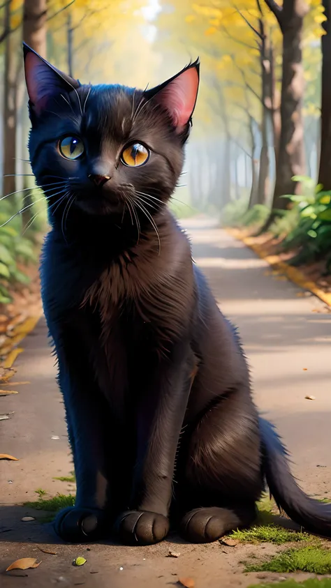 Es gibt eine Katze, die auf einem Felsen neben einem Baum steht, niedliche schwarze Katze, Tolle schwarze Katze, An adorable black kitten, Cute black kitten, detailliert, eine niedliche schwarze Katze, Foto der niedlichen schwarzen Katze, detailgetreu, The...