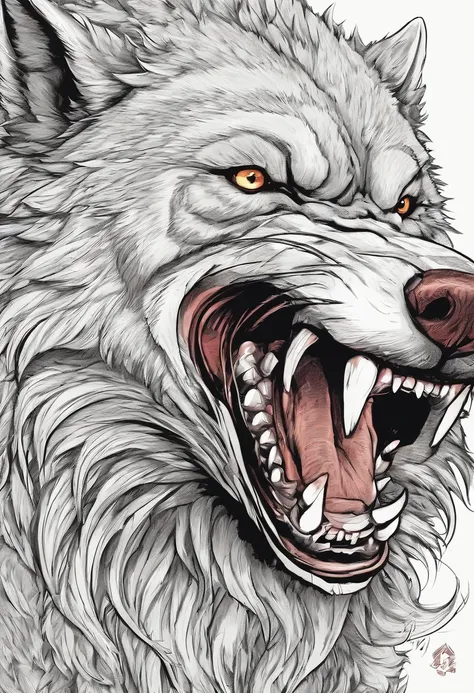 Description: Angry wolf, with details of drool coming out of the mouth, large and sharp teeth, less detailed fur, just the wolfs head, manga style
Characteristics: it must be in high definition, saliva coming out of the mouth and he is very angry
Color: Bl...