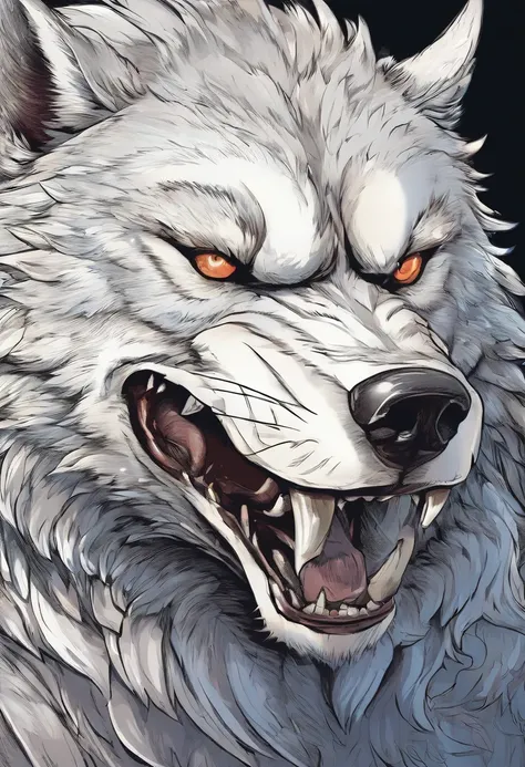 Description: Angry wolf, with details of drool coming out of the mouth, large and sharp teeth, less detailed fur, just the wolfs head, manga style
Characteristics: it must be in high definition, saliva coming out of the mouth and he is very angry
Color: Bl...