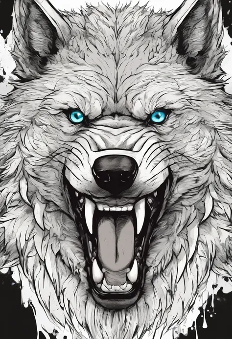 Description: Angry wolf, with details of drool coming out of the mouth, large and sharp teeth, less detailed fur, just the wolfs head, manga style
Characteristics: it must be in high definition, saliva coming out of the mouth and he is very angry
Color: Bl...