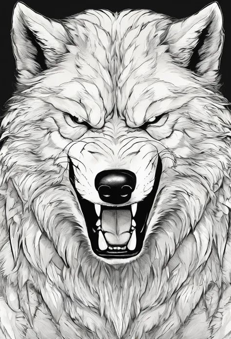 Description: Angry wolf, with details of drool coming out of the mouth, large and sharp teeth, less detailed fur, just the wolfs head, manga style
Characteristics: it must be in high definition, saliva coming out of the mouth and he is very angry
Color: Bl...