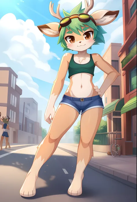 furry girl, deer, clear green hair, short spiky hairstyle, short spiky ponytail, white deer horns, anime style, small breasts, brown eyes, Big eyebrows, Green tank top, blue shorts, street, sunny sky, high quality, detailed body, detailed eyes, detailed fa...