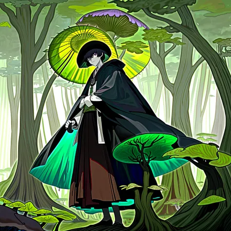 This is a Japanese-style weirdo with the characteristics of a mushroom umbrella cover,(It looks like a mushroom umbrella cover，But its actually a cloak：1.3)，Its tall,Have strong muscles,Use fists and feet as weapons,(/Its arms are crossed with dark green v...