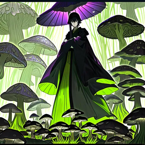 This is a Japanese-style weirdo with the characteristics of a mushroom umbrella cover,(It looks like a mushroom umbrella cover，But its actually a cloak：1.3)，Its tall,Have strong muscles,Use fists and feet as weapons,(/Its arms are crossed with dark green v...