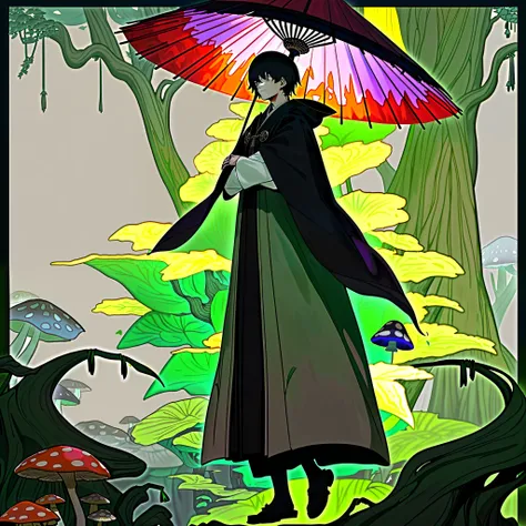 This is a Japanese-style weirdo with the characteristics of a mushroom umbrella cover,(It looks like a mushroom umbrella cover，But its actually a cloak：1.3)，Its tall,Have strong muscles,Use fists and feet as weapons,(/Its arms are crossed with dark green v...