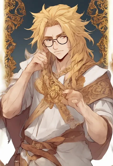 adult man, long golden hair, amber eyes, round glasses, no beard