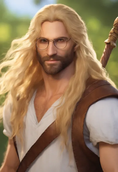 adult man, long golden hair, amber eyes, round glasses, no beard