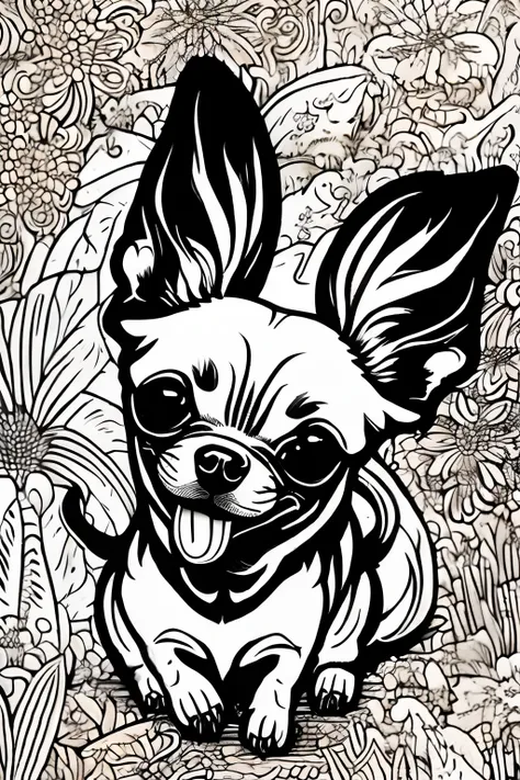 coloring book of a chihuahua dog snarling, estilo dos desenhos animados, linhas grossas, sem cor, fundo branco, apenas linhas