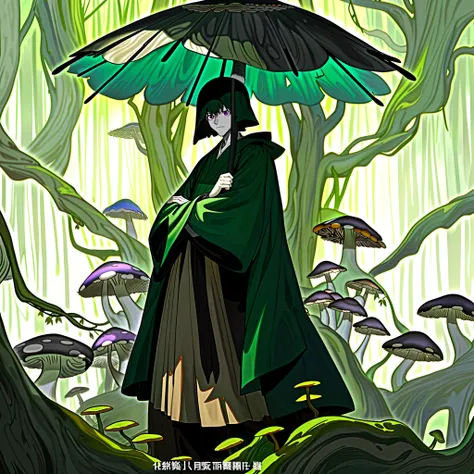 This is a Japanese-style weirdo with the characteristics of a mushroom umbrella cover,(It looks like a mushroom umbrella cover，But its actually a cloak：1.3)，Its tall,Have strong muscles,Use fists and feet as weapons,(/Its arms are crossed with dark green v...