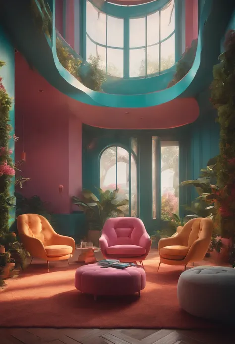 brightly colored chairs and ottomans in a brightly colored room, inspired by Mike Winkelmann, in the art style of filip hodas, with cinematic colour palette, by Mike Winkelmann, inspired by Filip Hodas, 3 d render beeple, beeple |, beeple rendering, in sty...