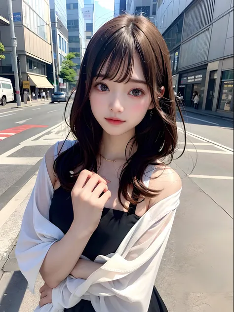 1girl in、in 8K、Raw photography、top-quality、​masterpiece、realisitic、Photorealsitic、1girl in、Daytown、Pulling photo、de pele branca、Longhaire、Sheer sunlight、The city of Tokyo、pretty skin、Front photo