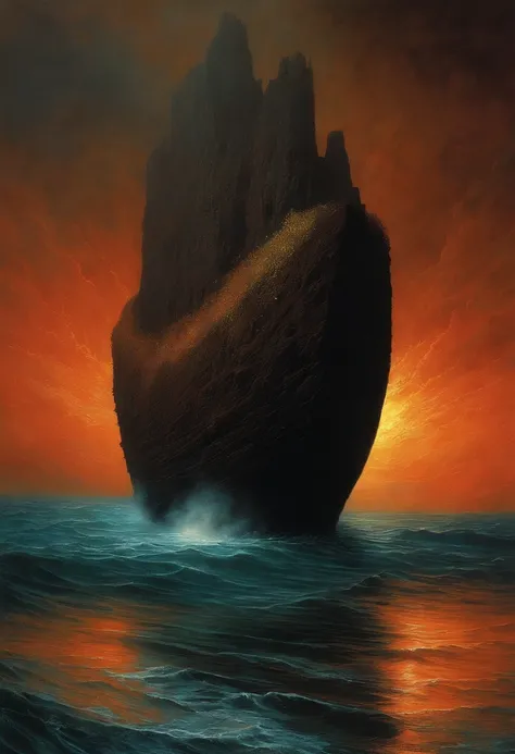 (masterpiece, highest quality), a small boat soaring over a lava ocean, cult, evil, ancient, by zdzislaw beksinski, van gogh, album cover art, surrealism, futuristic ,underwater, wizard, abstract, dark, landscape, dark fantasy art