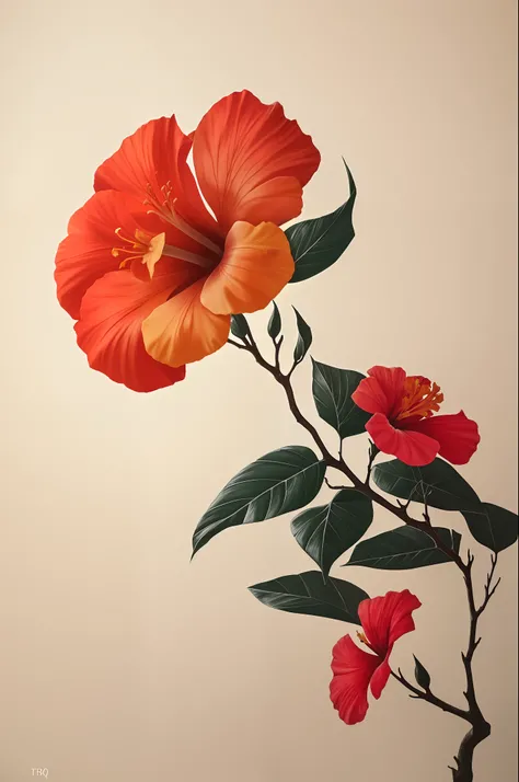 hibiscus flower blooming on a gnarled branch against a grey background, simple background, in the style of light orange and light beige, minimalist images, photography installations, paleocore, green and crimson, hyper-realistic, poetic intimacy