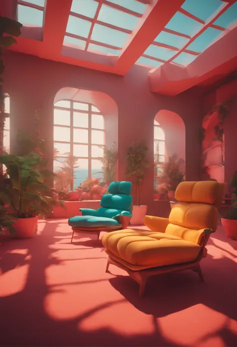 brightly colored chairs and ottomans in a brightly colored room, inspired by Mike Winkelmann, in the art style of filip hodas, with cinematic colour palette, by Mike Winkelmann, inspired by Filip Hodas, 3 d render beeple, beeple |, beeple rendering, in sty...