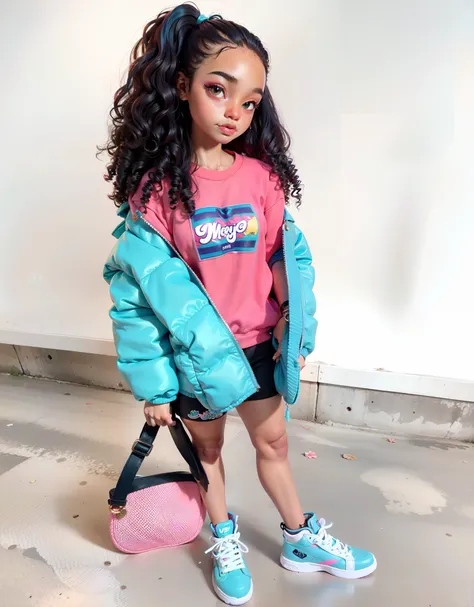 um close up de uma jovem segurando uma bolsa e vestindo uma camisa rosa, she is wearing streetwear, rosa e azul-marinho, Katelynn Mini Estilo Nice, with teal clothes, teal e rosa, pops de cor, roupa colorida, Violeta Myers, turquesa rosa e verde, Menina af...