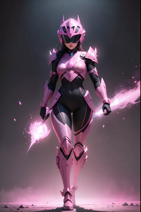 create a pink power ranger wearing helmet , full body , mythic , black background ,a bit ancient theme