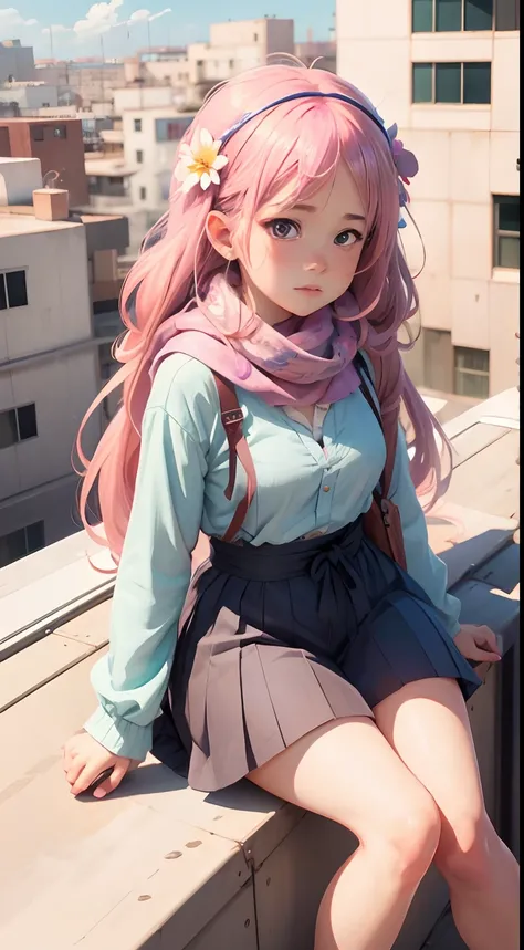 Anime girl sitting on rooftop，A scarf is worn on his head，A flower stuck in his hair, a beautiful anime portrait, Cute anime girl, Kawaii realistic portrait, Cute anime girl portrait, Beautiful anime girl, portrait of cute anime girl, pretty anime girl, an...