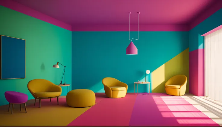 brightly colored chairs and ottomans in a brightly colored room, inspired by Mike Winkelmann, in the art style of filip hodas, with cinematic colour palette, by Mike Winkelmann, inspired by Filip Hodas, 3 d render beeple, beeple |, beeple rendering, in sty...