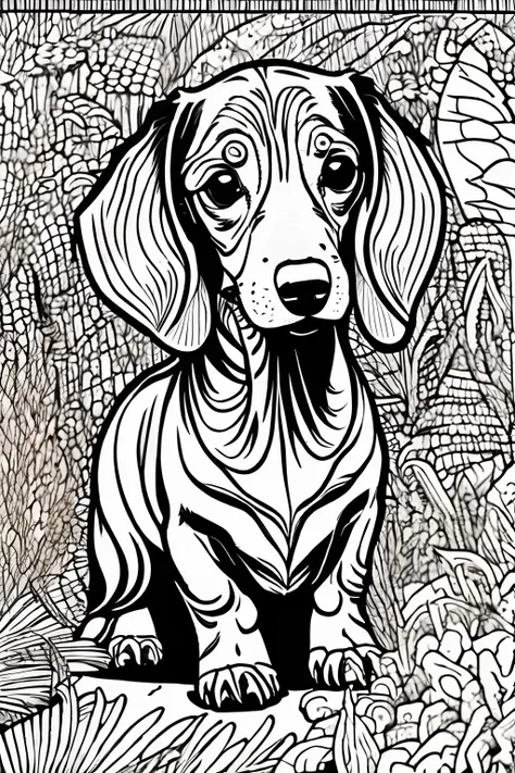 coloring book of a dachshund dog, estilo dos desenhos animados, linhas grossas, sem cor, fundo branco, apenas linhas